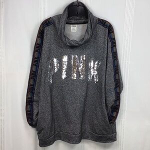 PINK VS Sequin Flip Rainbow Trim with Pockets Cowl Neck Tunic Sweatshirt Sz.XL